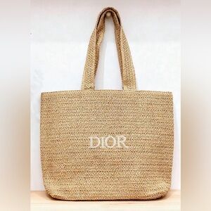 Dior Beige Straw Tote with White Logo